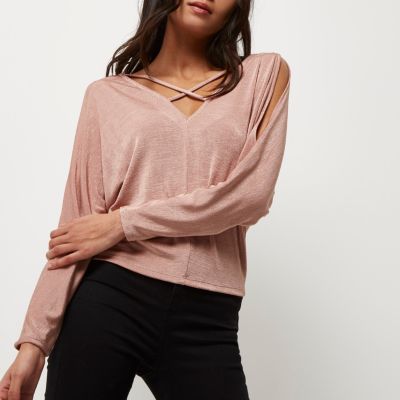 Pink shoulder strappy batwing top